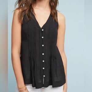 Maeve Anthropologie Black Pintucked Sleeveless Button-Down Tunic Top